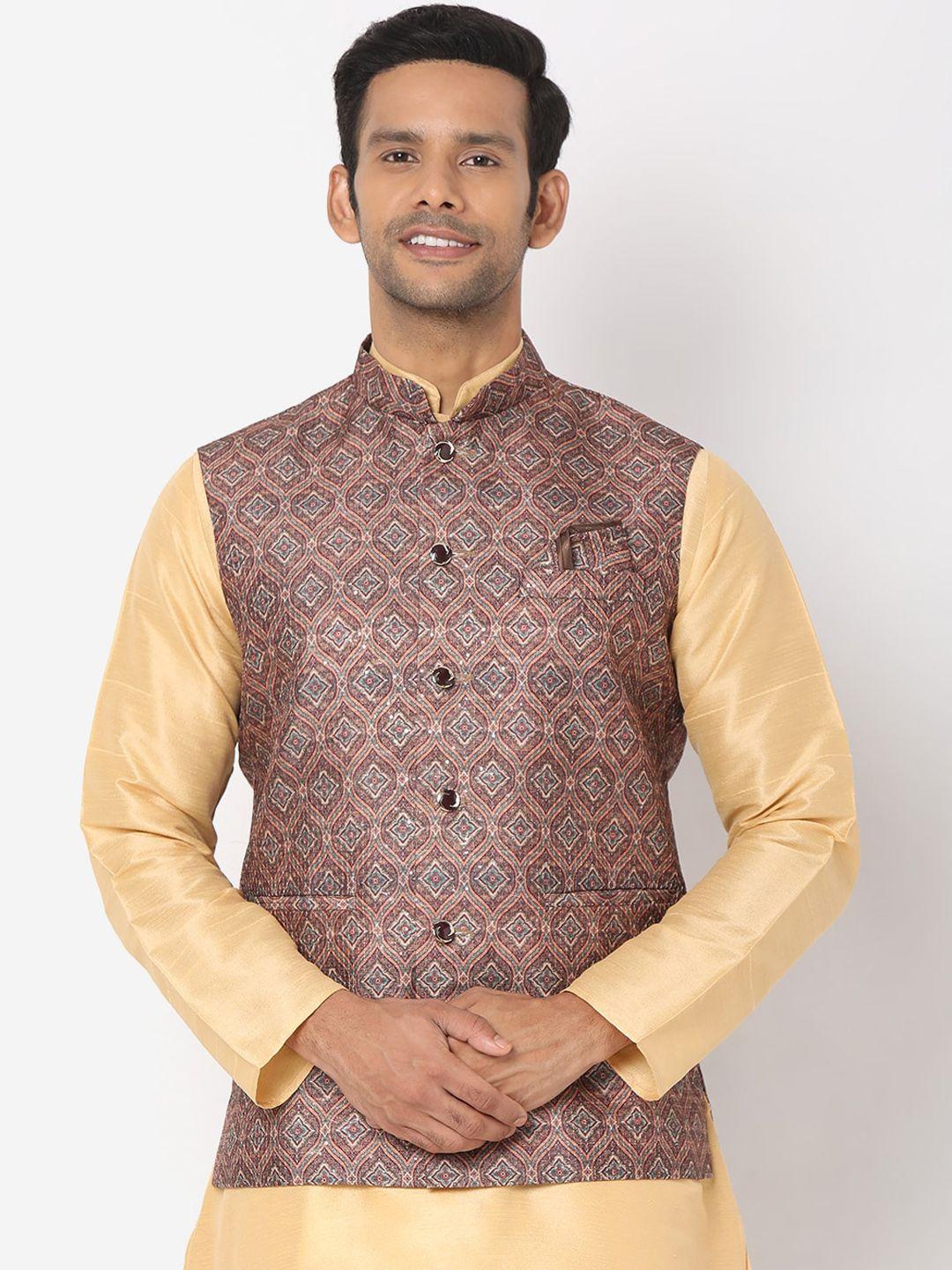 salwar studio men brown printed art silk nehru jackets