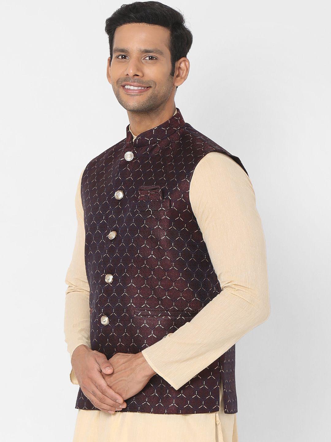 salwar studio men brown woven design nehru jackets