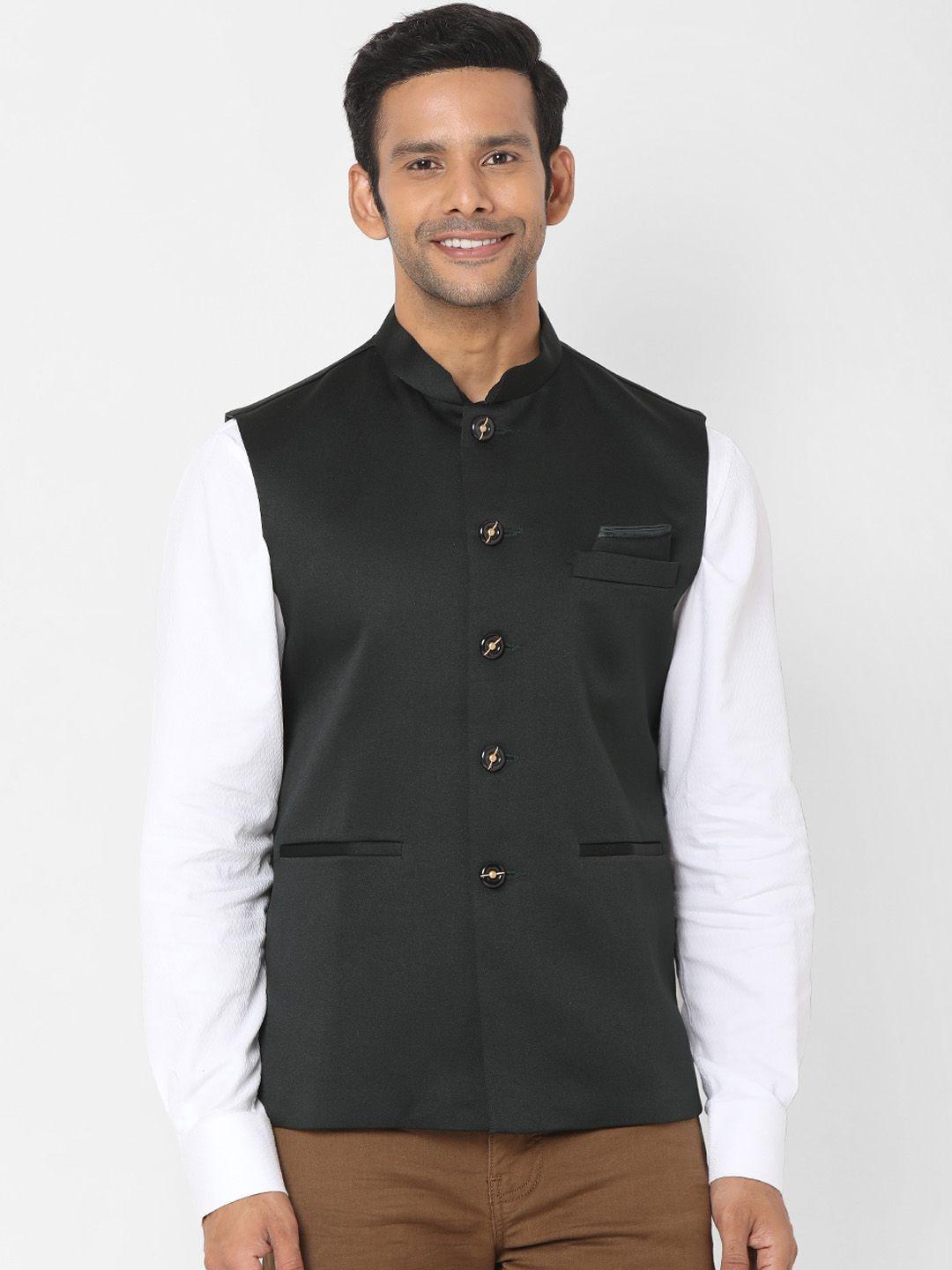 salwar studio men dark-grey solid woven nehru jacket