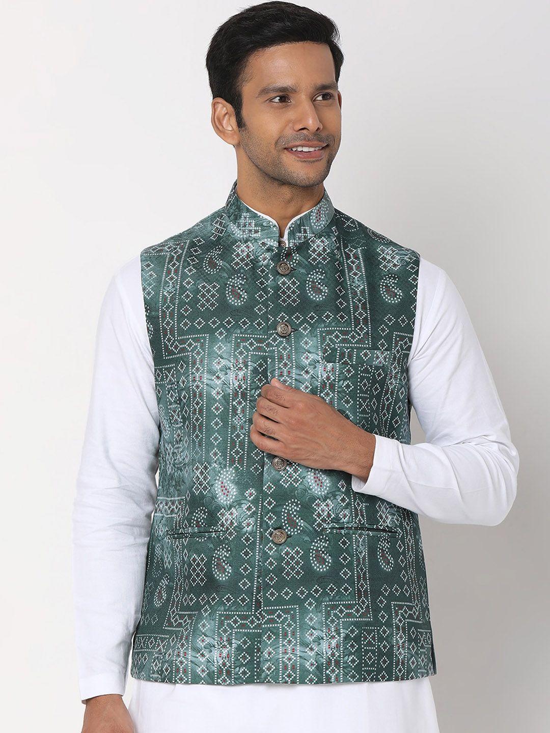 salwar studio men green art silk printed nehru jackets