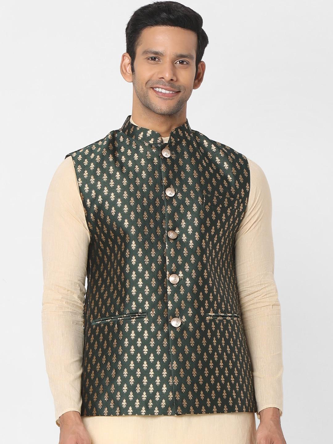 salwar studio men green woven-design nehru jacket