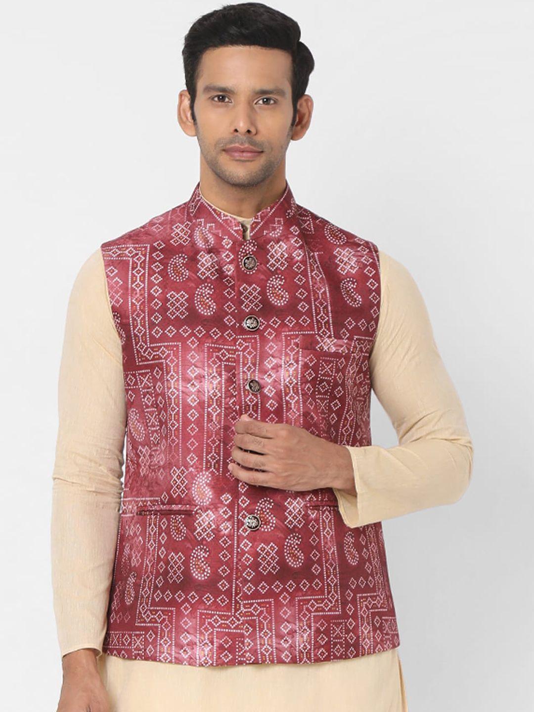 salwar studio men maroon digital printed woven nehru jacket