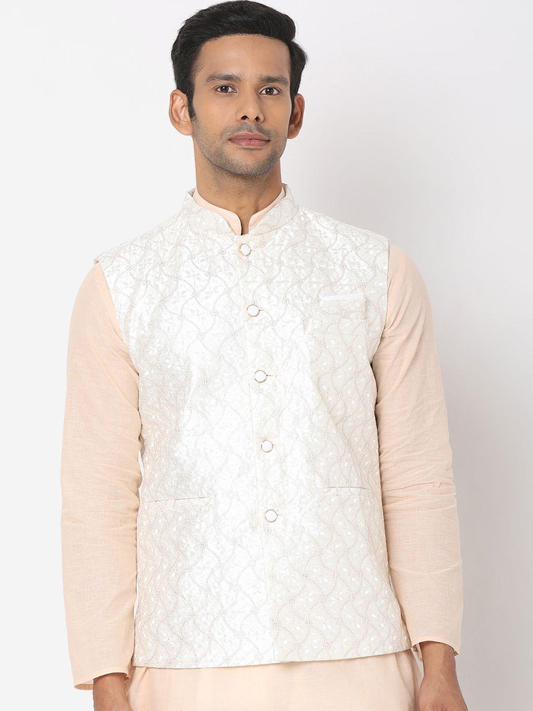 salwar studio men off white embroidered nehru jacket