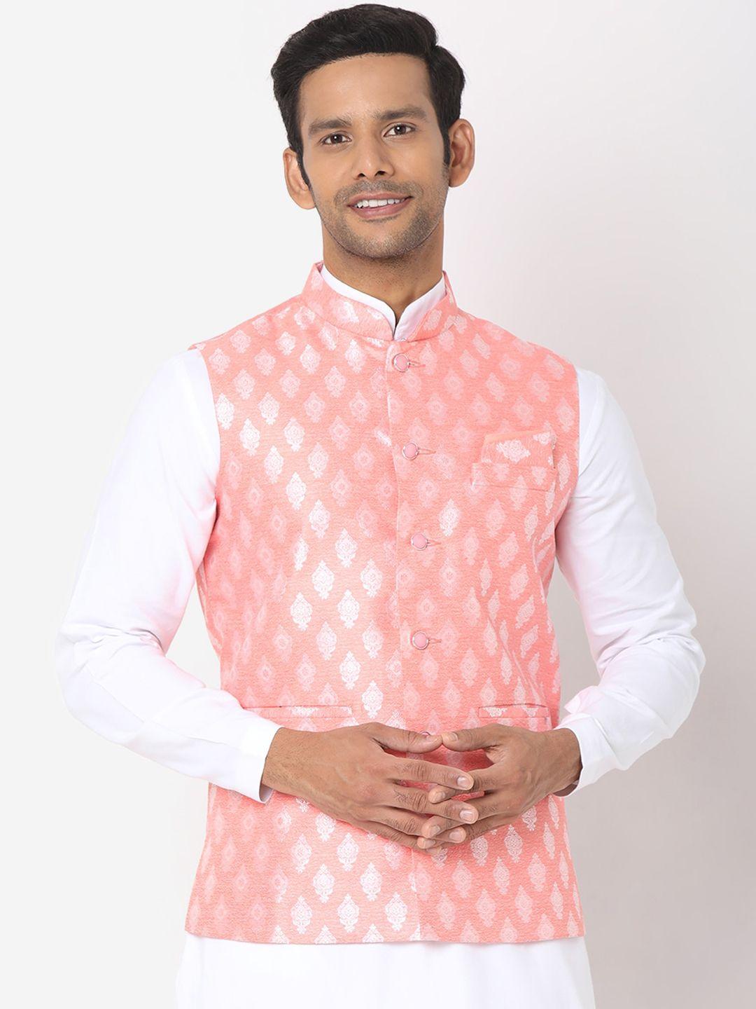 salwar studio men peach-coloured & silver-coloured woven design nehru jackets