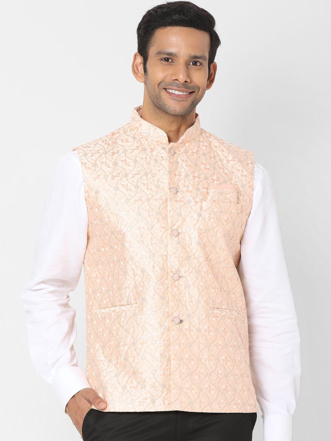 salwar studio men peach-coloured embroidered woven nehru jacket