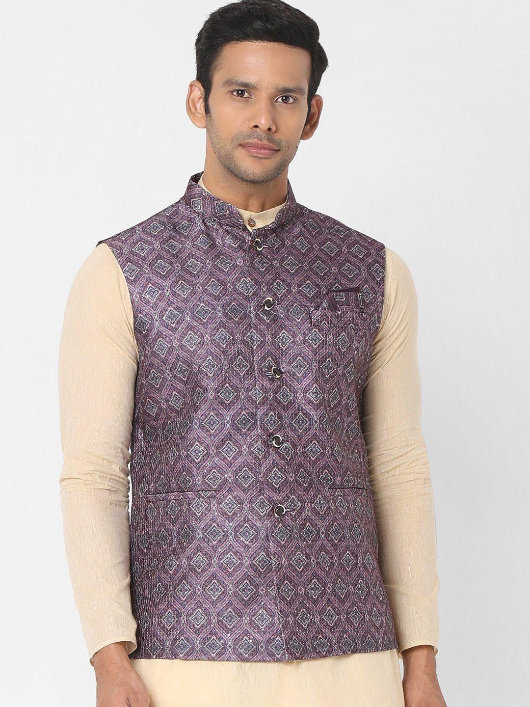 salwar studio men purple art silk digital printed nehru jackets