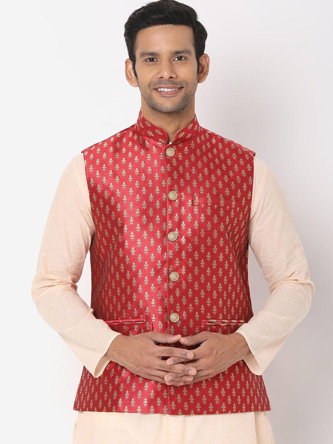 salwar studio men red & gold-coloured woven design nehru jackets