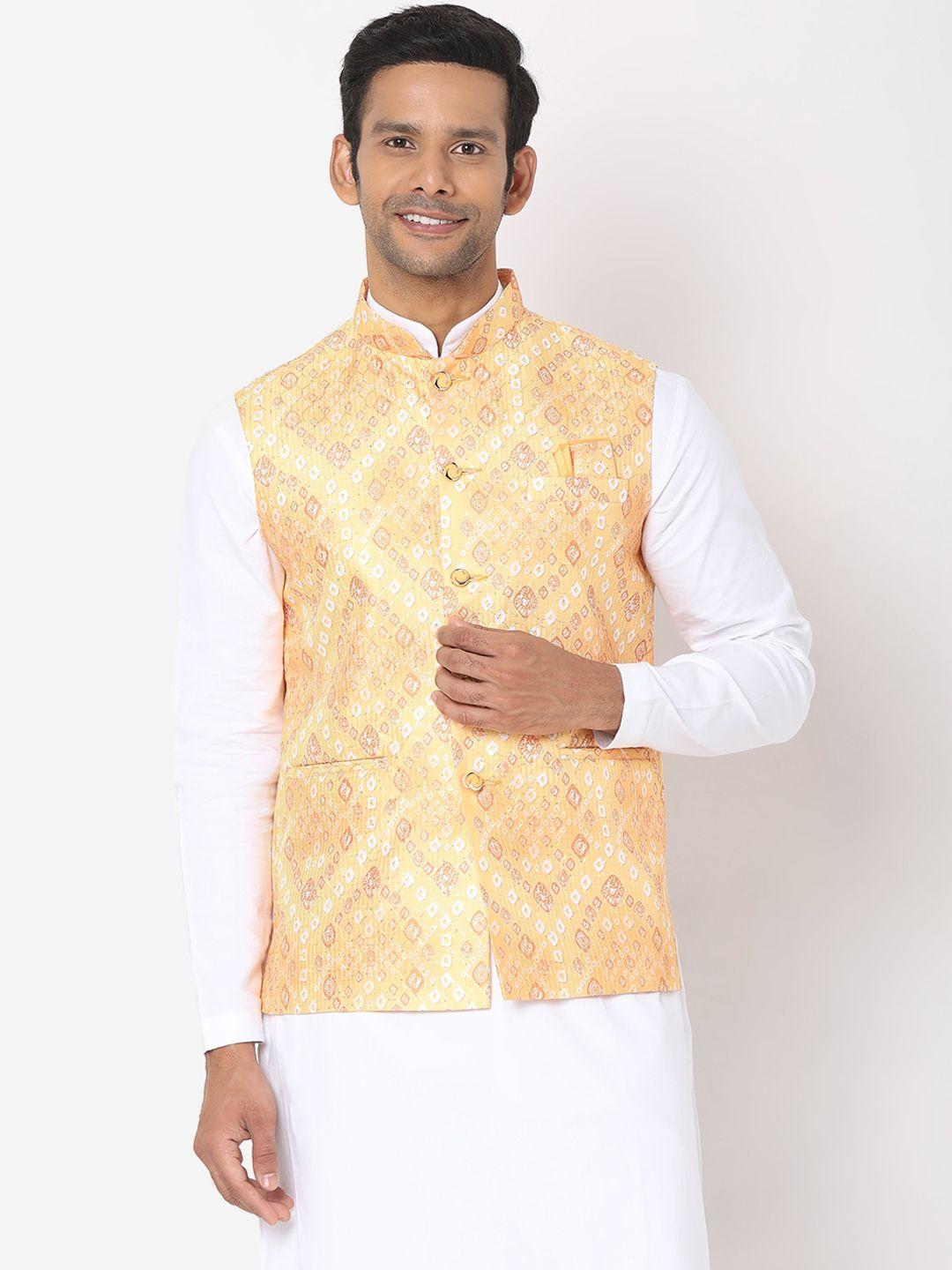 salwar studio men yellow woven-design printed sleeveless  nehru jacket