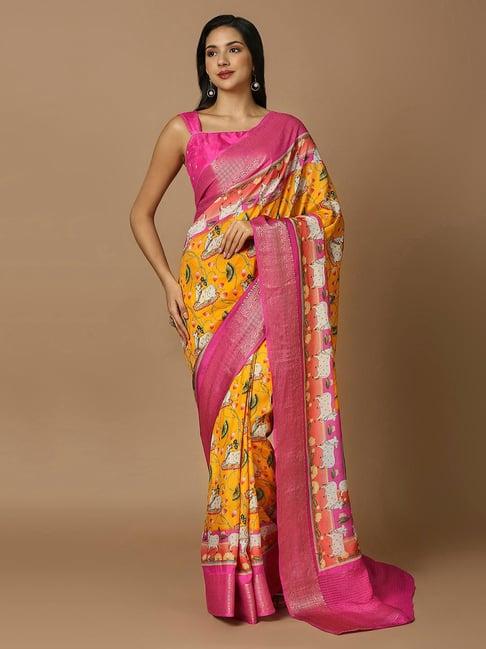 salwar studio mustard & pink printed saree without blouse
