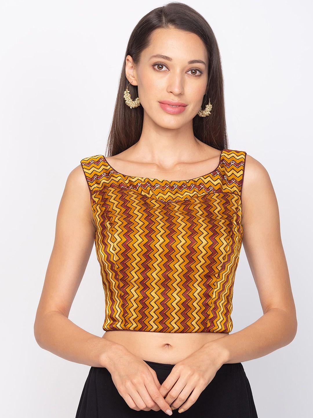 salwar studio mustard yellow & maroon printed padded readymade saree blouse