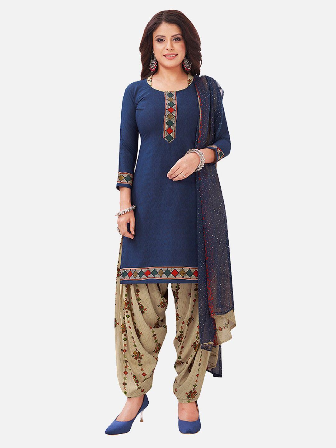 salwar studio navy blue & beige printed unstitched dress material with dupatta