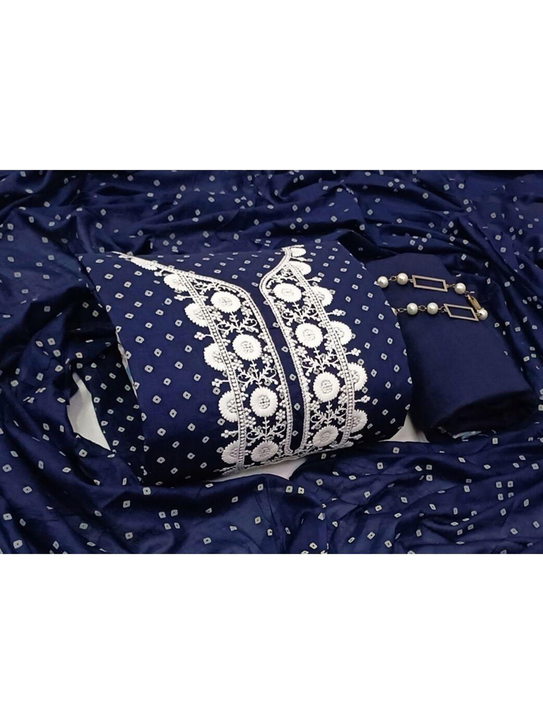 salwar studio navy blue & white embroidered pure cotton unstitched dress material
