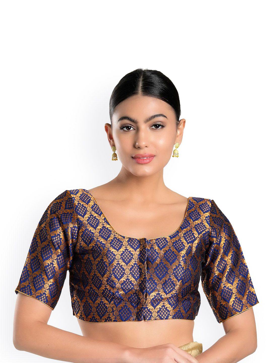 salwar studio navy blue woven design readymade saree blouse