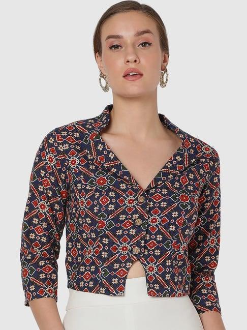 salwar studio navy cotton printed readymade blouse