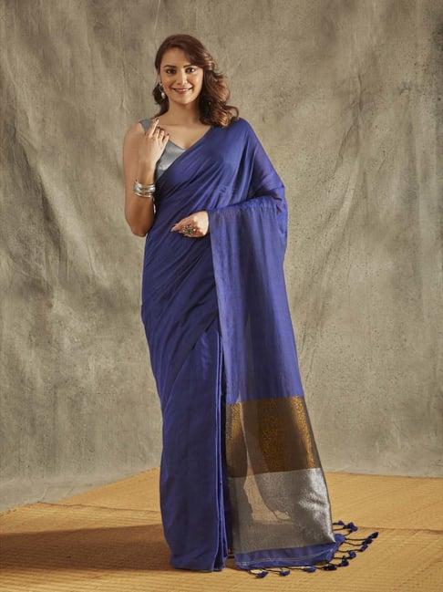 salwar studio navy cotton woven saree