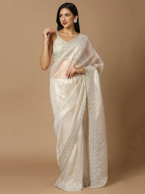 salwar studio off white embroidered saree without blouse
