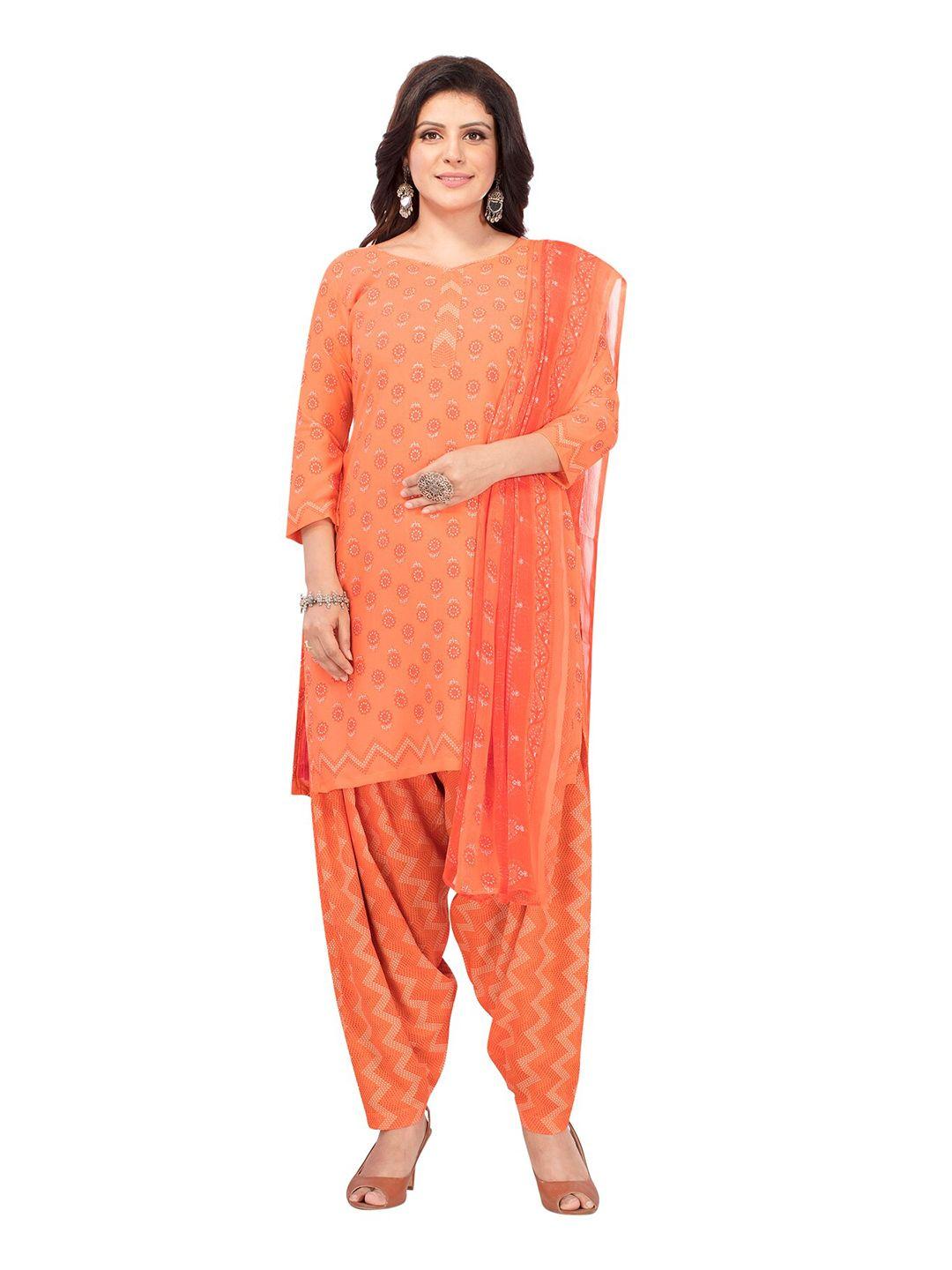 salwar studio orange & white printed unstitched dress material