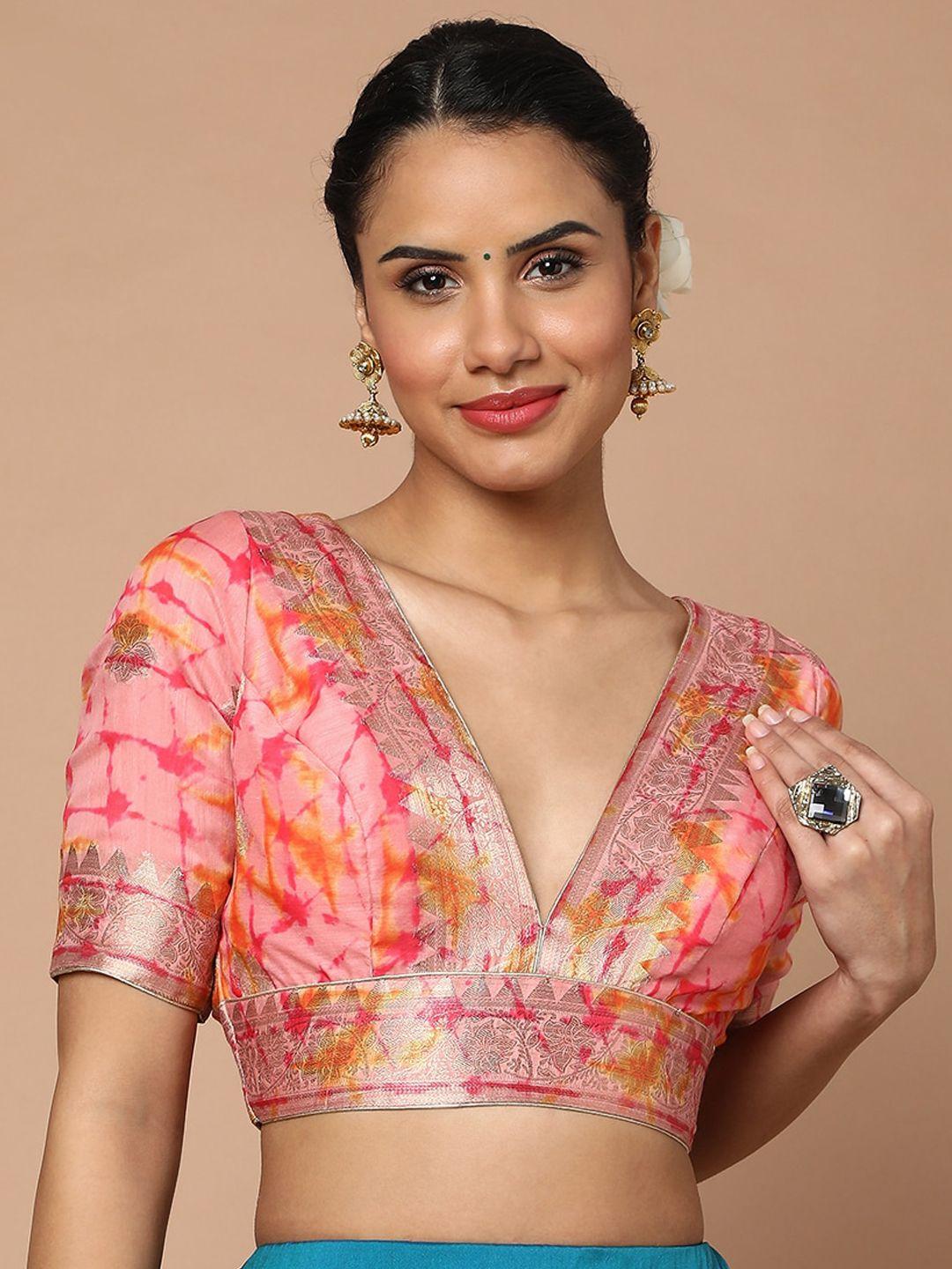 salwar studio pink & gold-coloured woven design readymade saree blouse