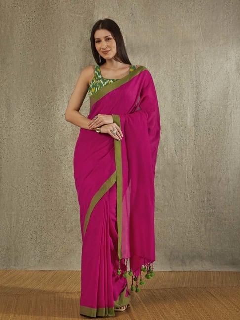 salwar studio pink & green cotton printed saree