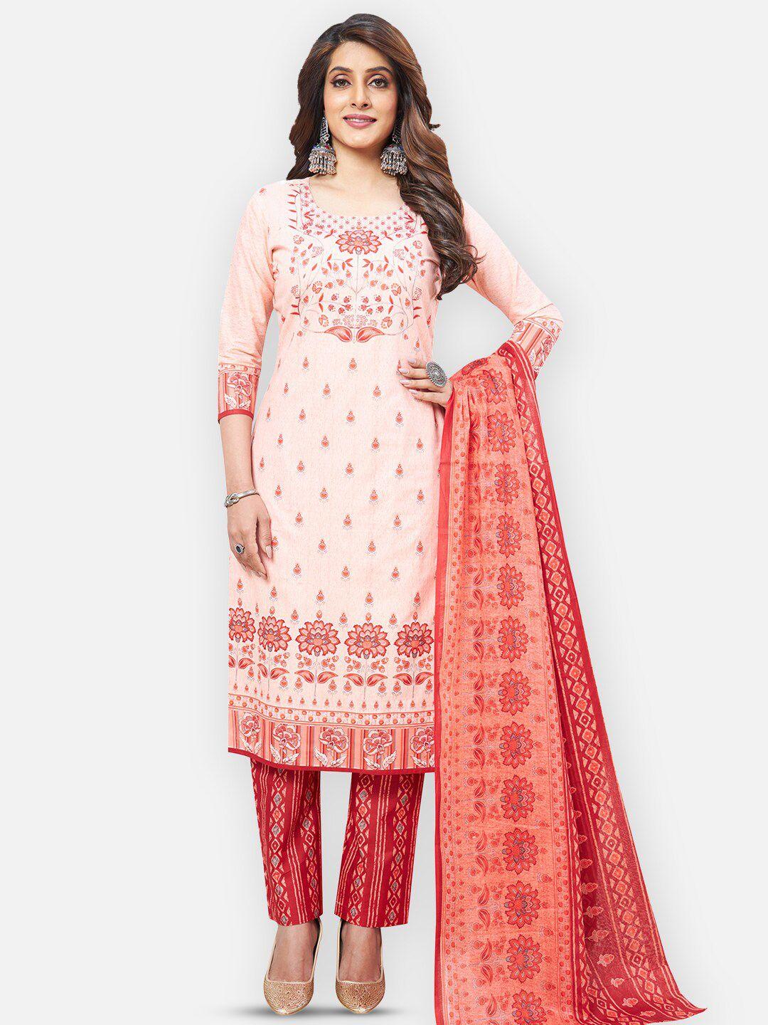 salwar studio pink & red printed pure cotton unstitched dress material