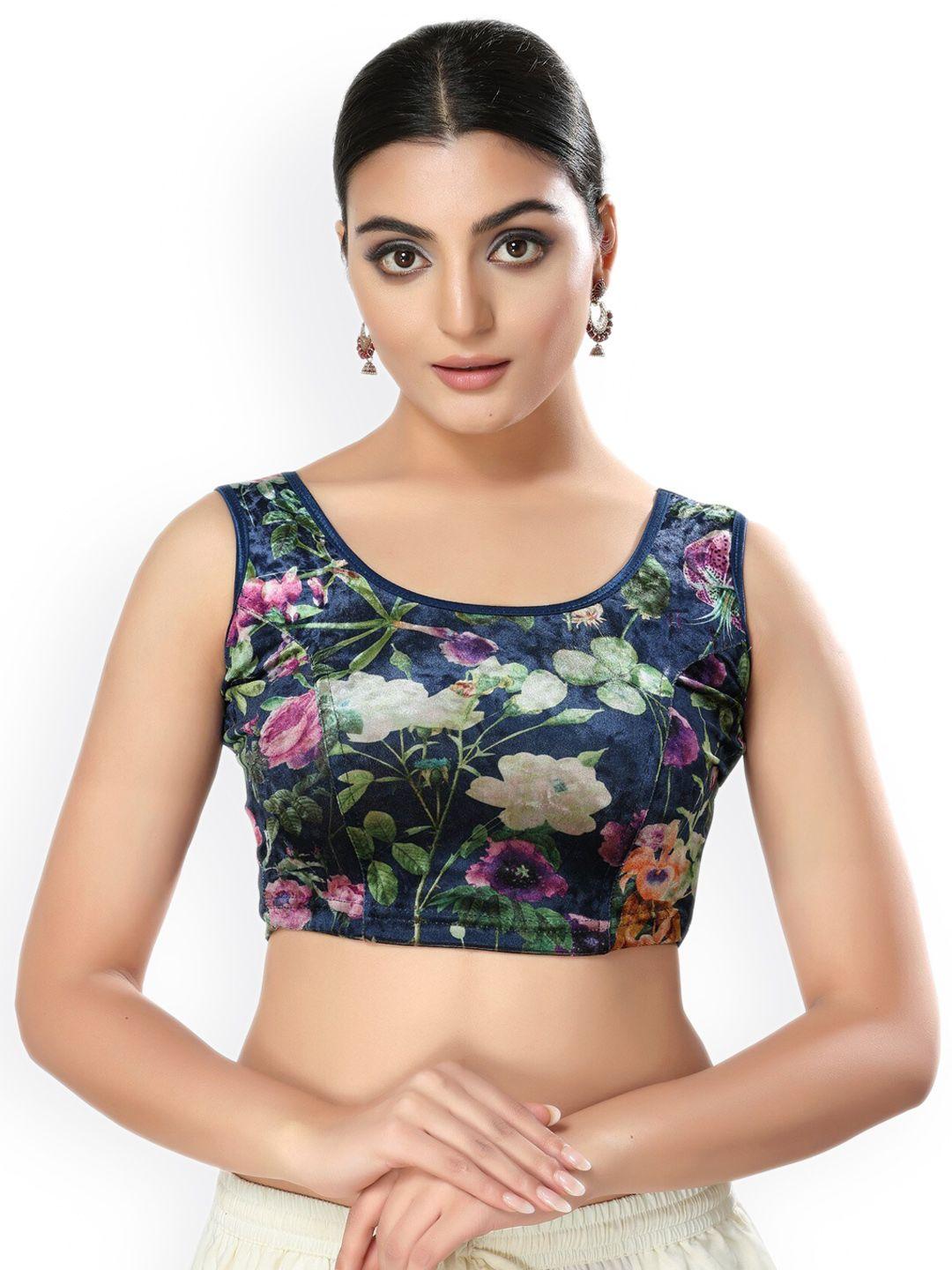 salwar studio printed round neck stretchable saree blouse