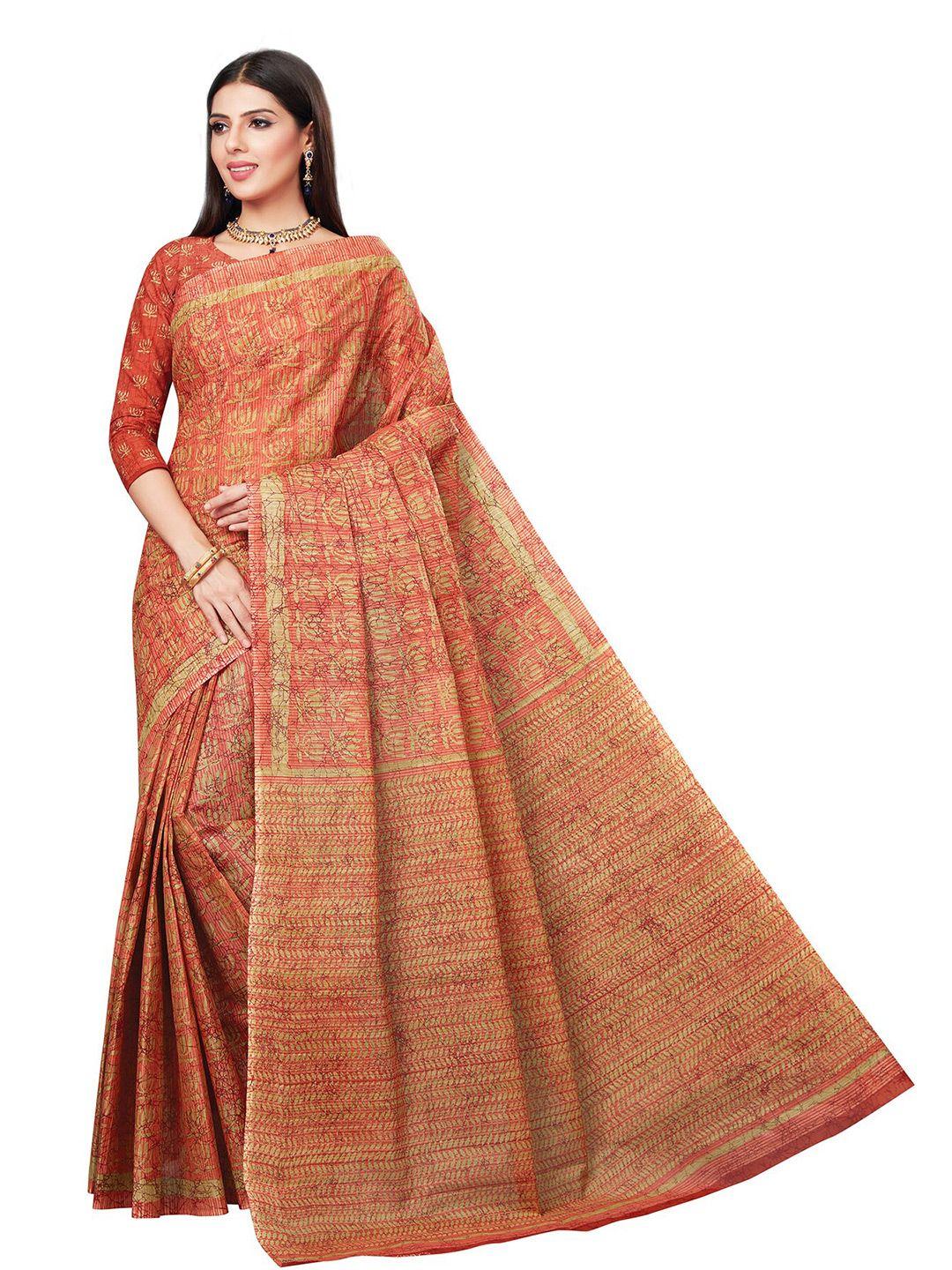 salwar studio red & cream-coloured ethnic motifs printed pure cotton saree