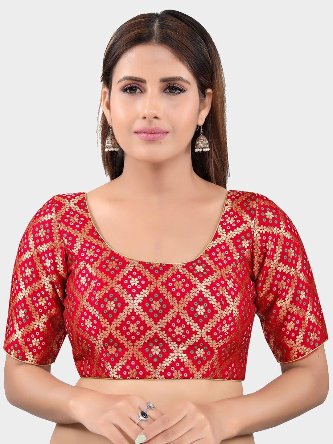 salwar studio red & gold-coloured brocade printed readymade saree blouse