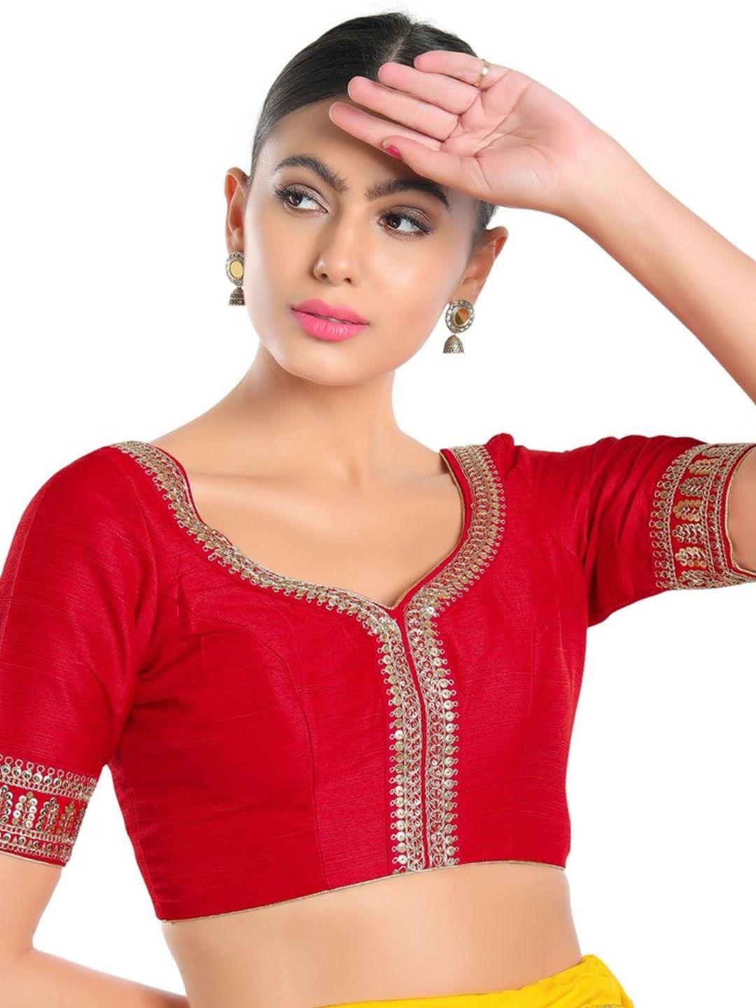 salwar studio red & gold-coloured embroidered readymade saree blouse