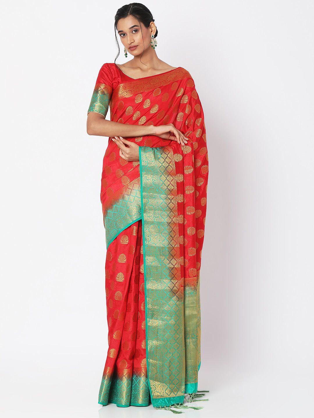 salwar studio red & green woven design zari art silk block print saree