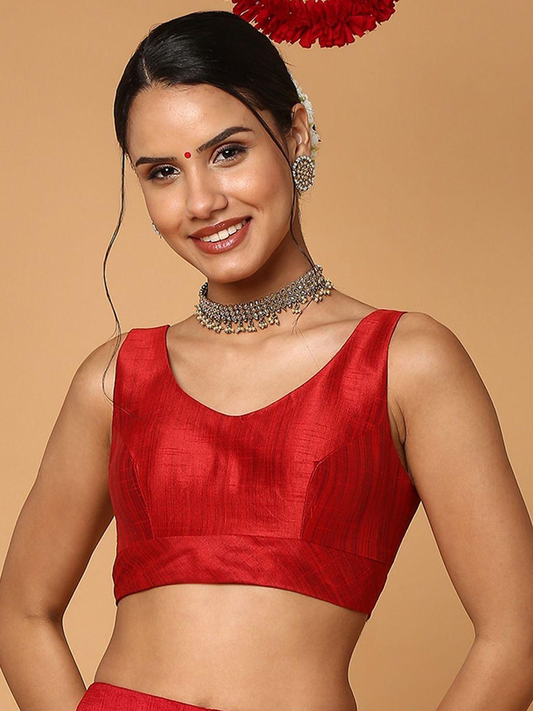 salwar studio red solid readymade saree blouse