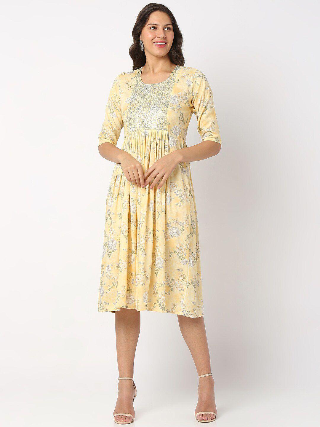 salwar studio round neck floral printed a-line cotton dress