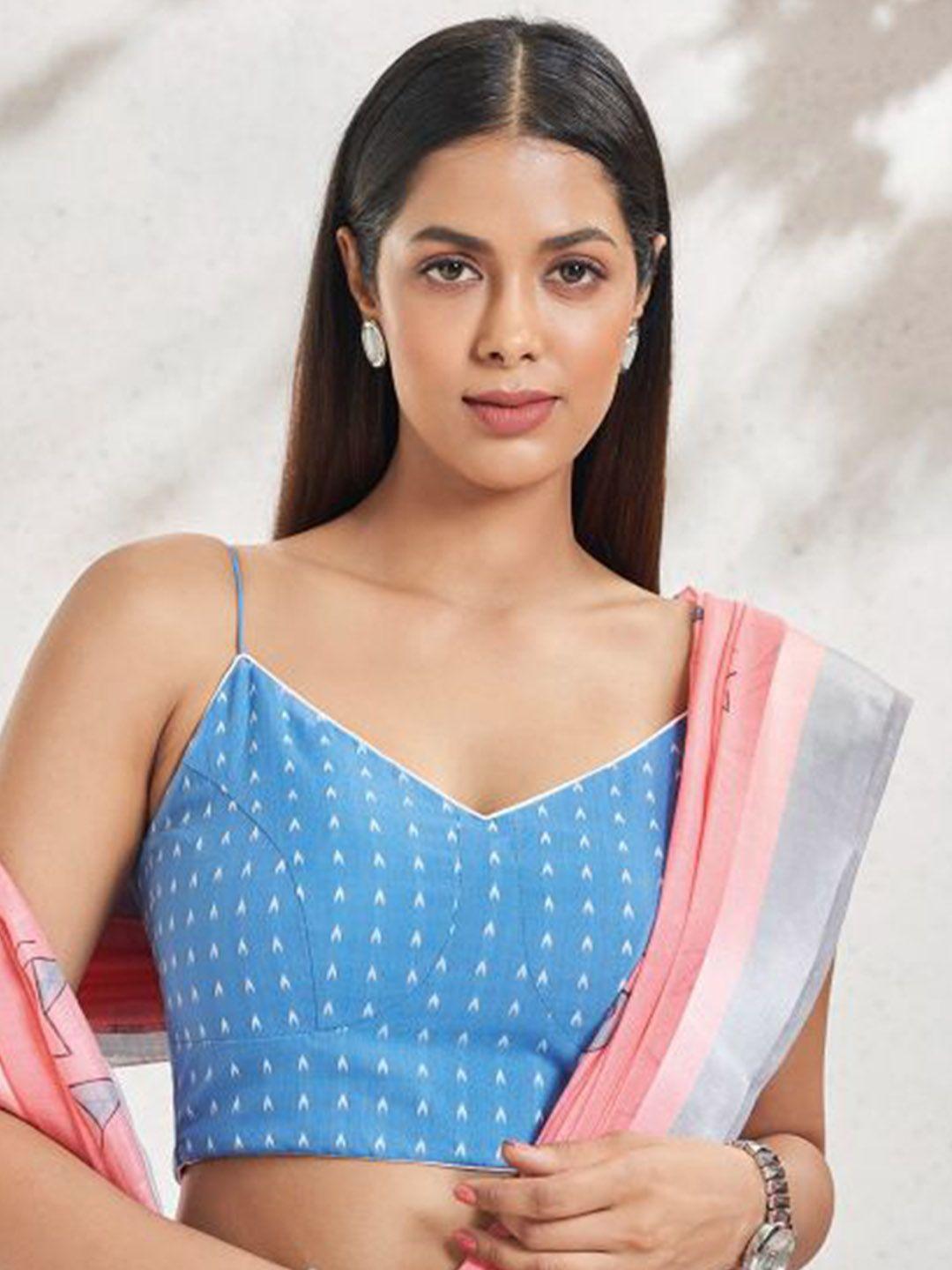 salwar studio shoulder strap neck ethnic motif printed linen saree blouse