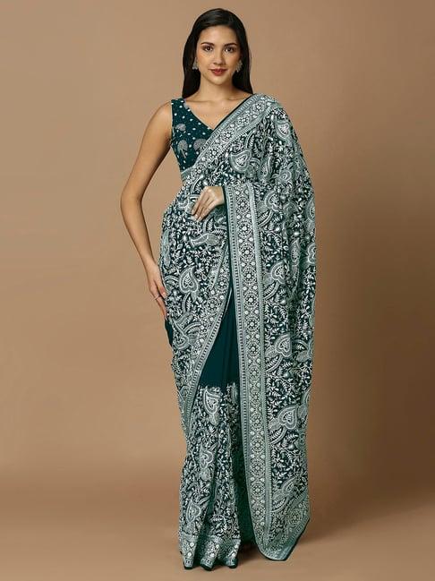 salwar studio teal embroidered saree without blouse
