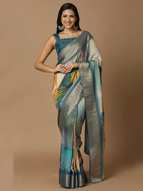 salwar studio teal printed saree without blouse