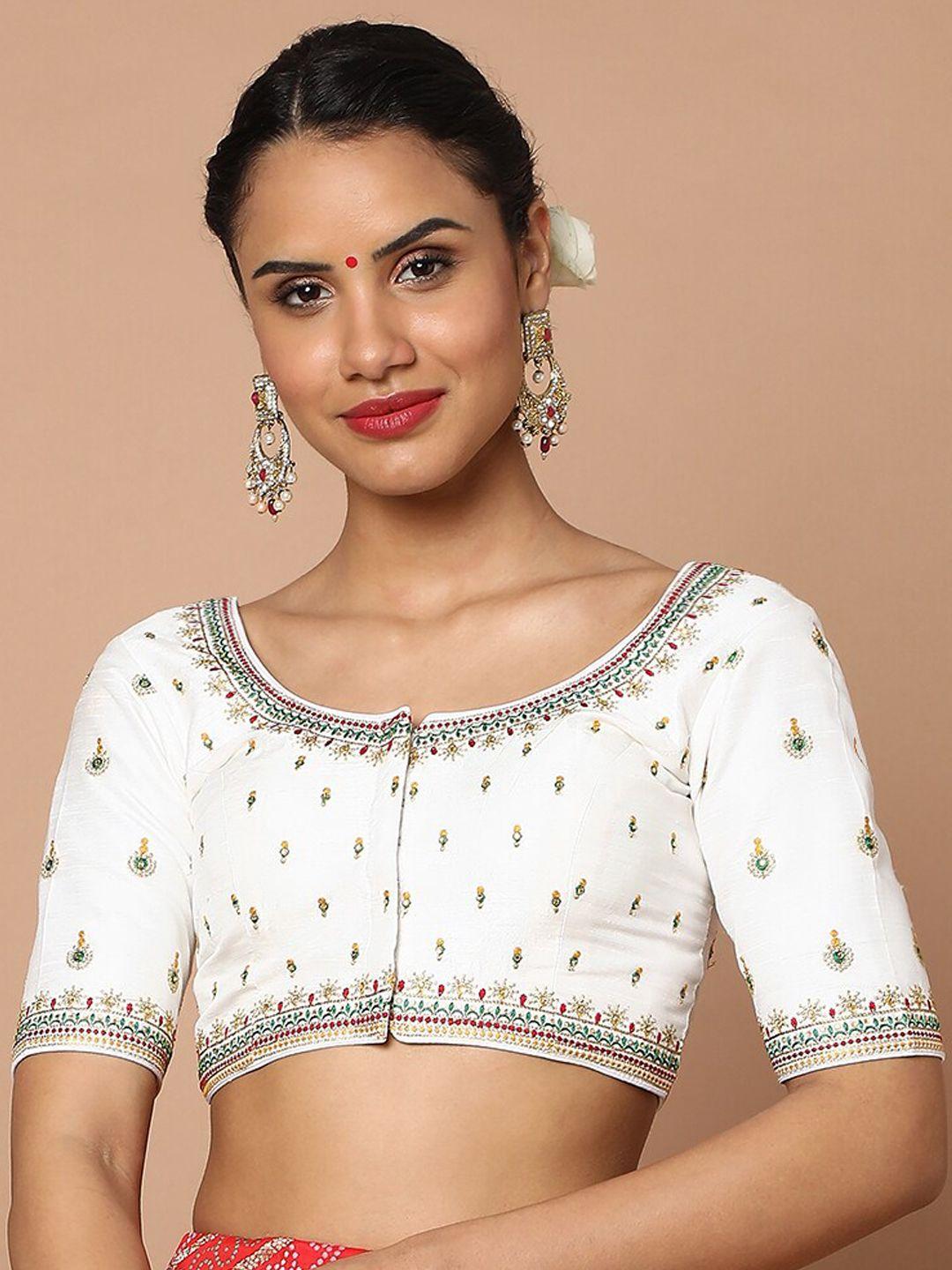 salwar studio white & green embroidered readymade saree blouse