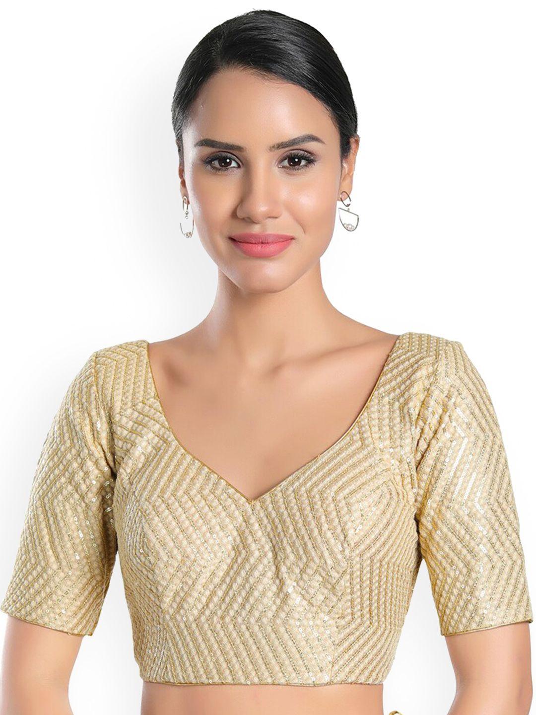 salwar studio woman gold sequined readymade silk saree blouse