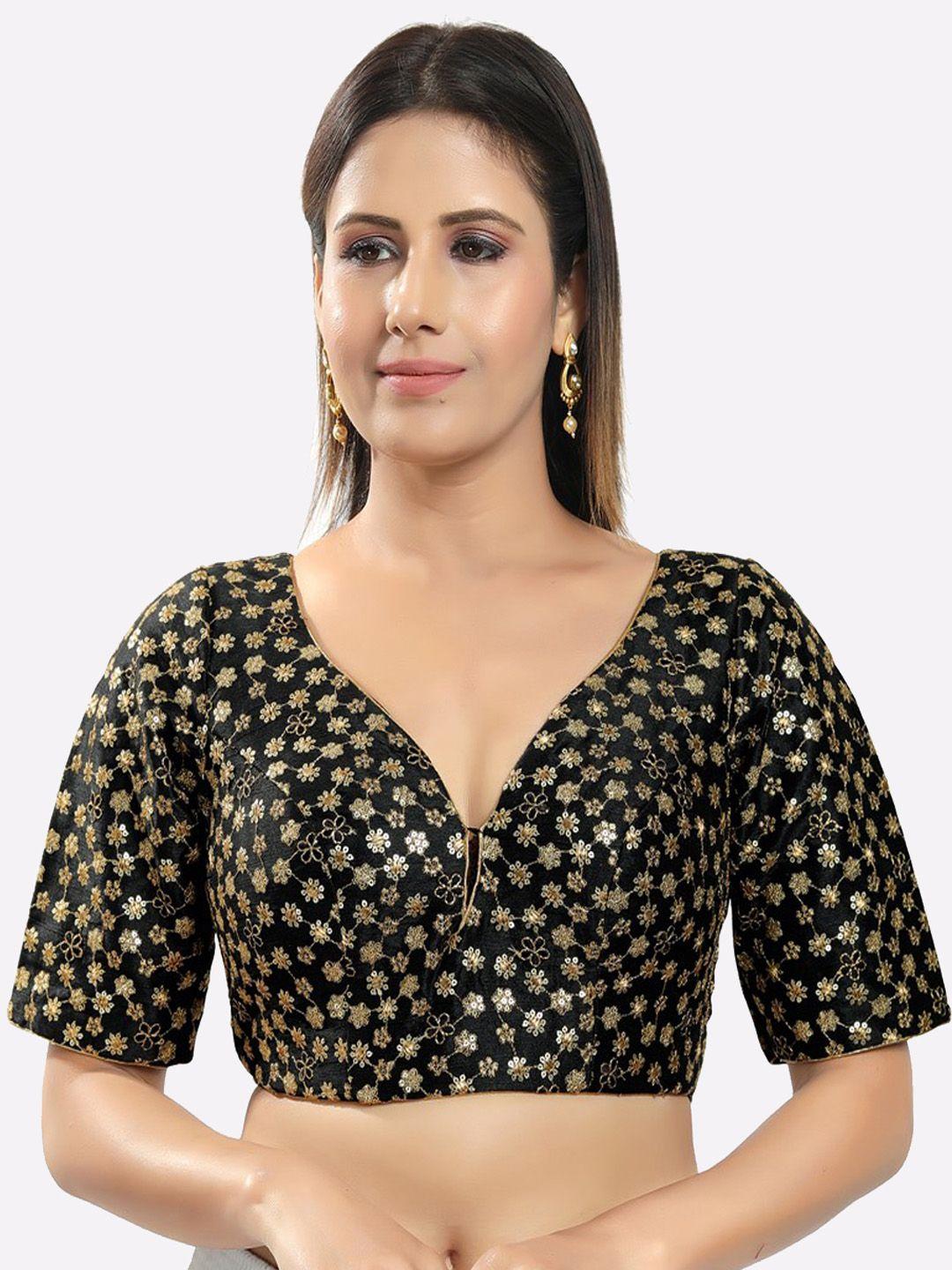 salwar studio women black & gold sequenced saree blouse