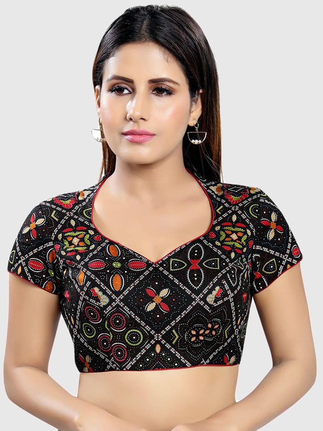 salwar studio women black & red printed readymade saree blouse