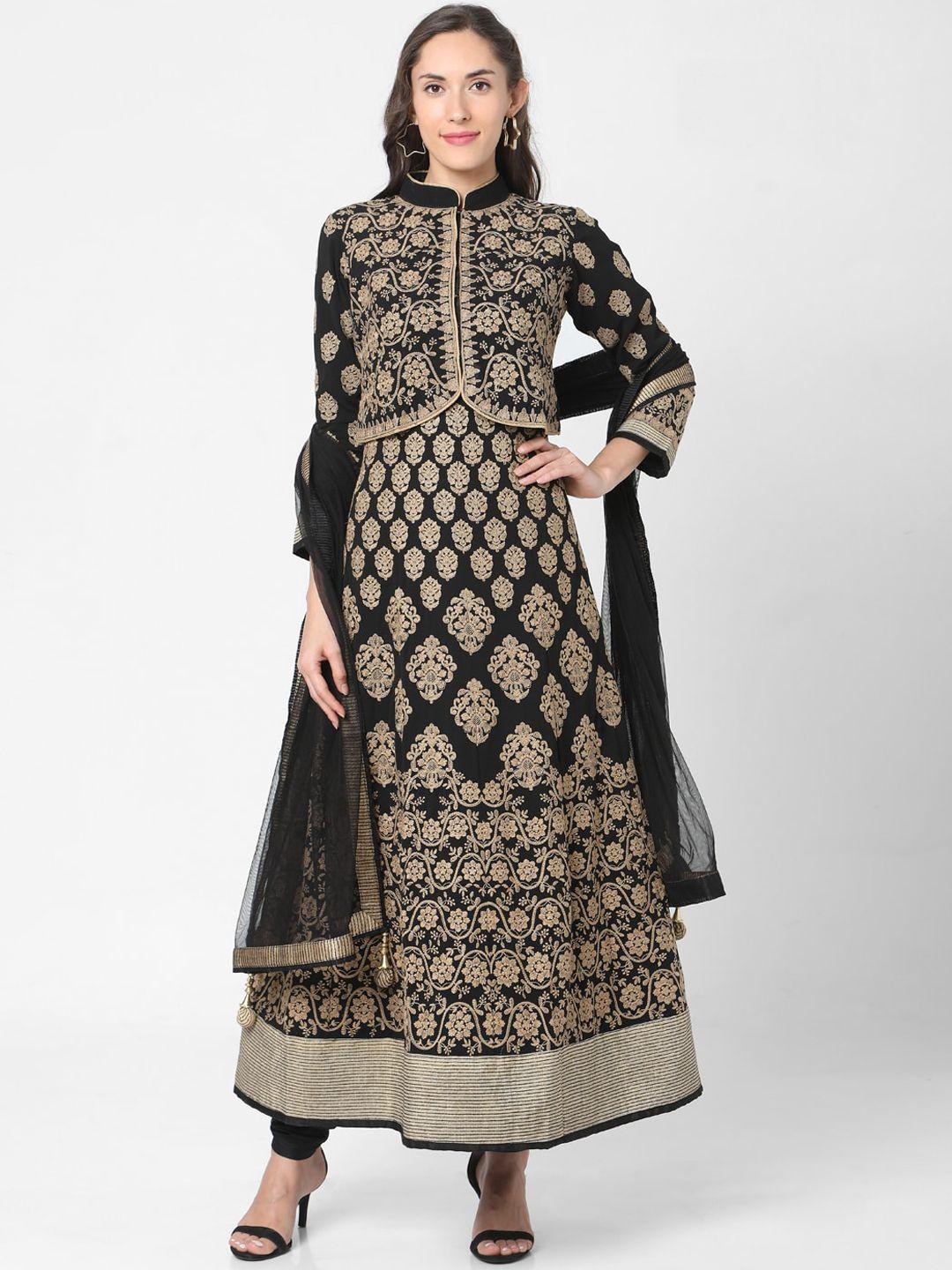 salwar studio women black ethnic motifs printed panelled kurti with skirt & with dupatta
