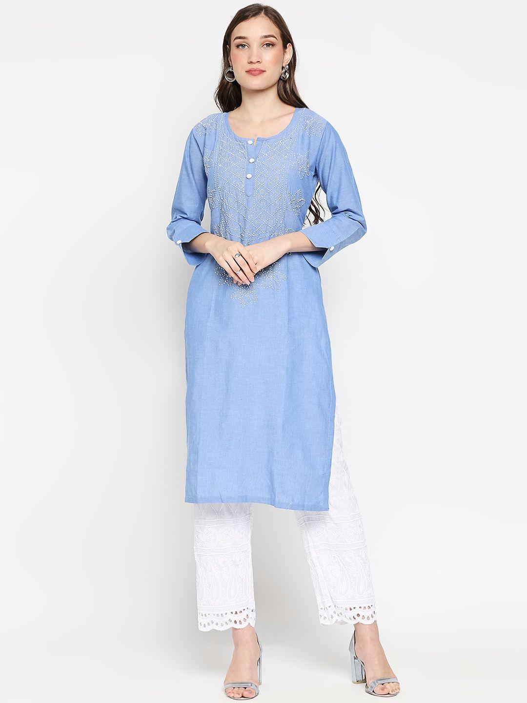 salwar studio women blue embroidered pure cotton kurta with trousers
