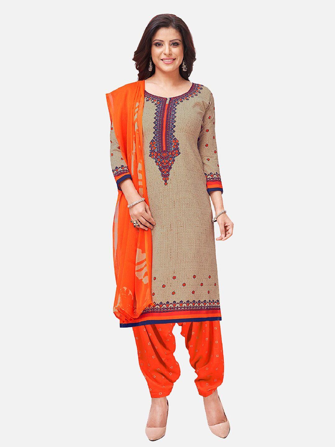 salwar studio women brown & orange printed unstitched dress material
