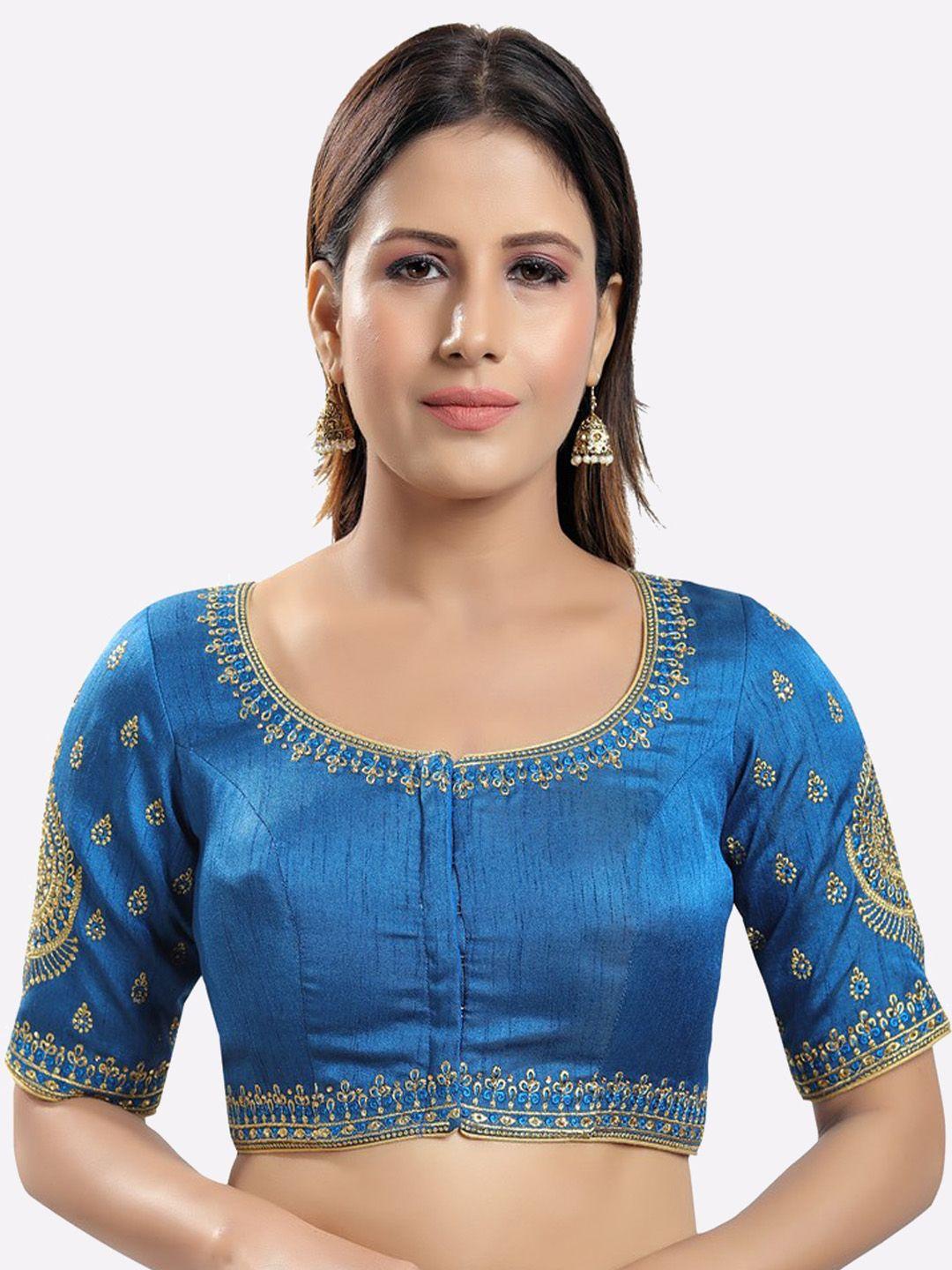 salwar studio women cobalt blue jain silk embroidered readymade saree blouse