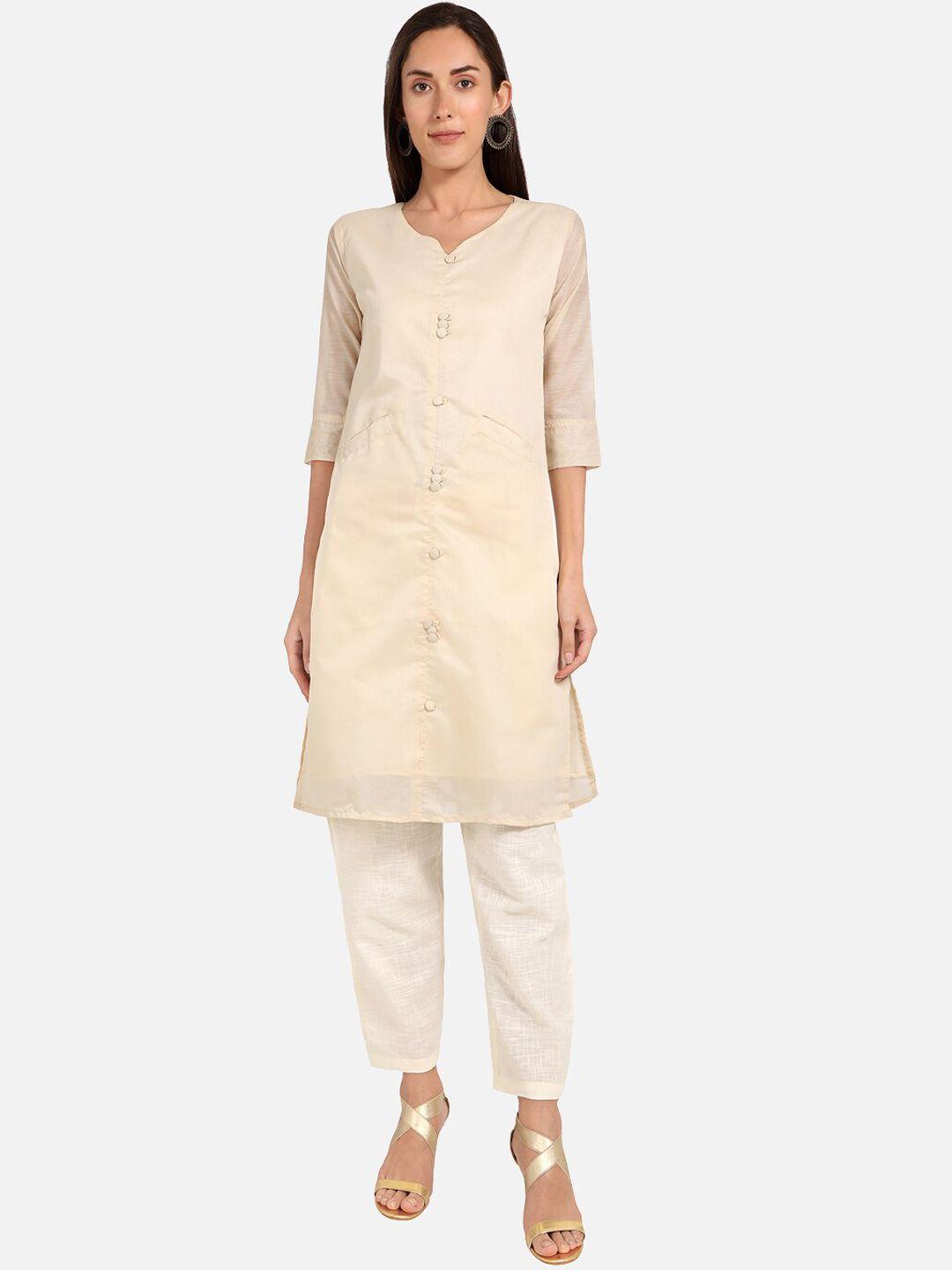 salwar studio women cream-coloured thread work kurta