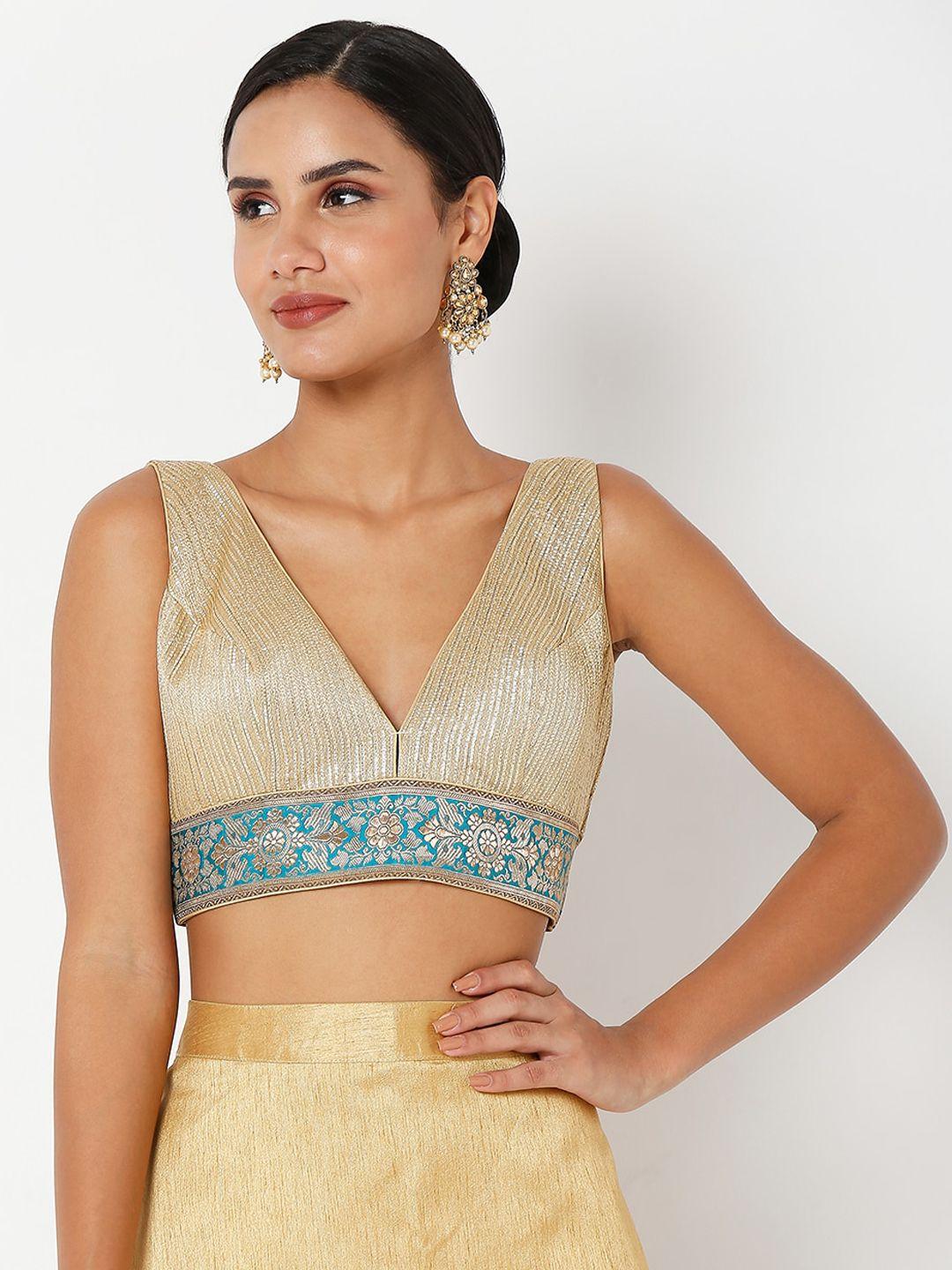 salwar studio women gold-coloured banarasi self design readymade saree blouse