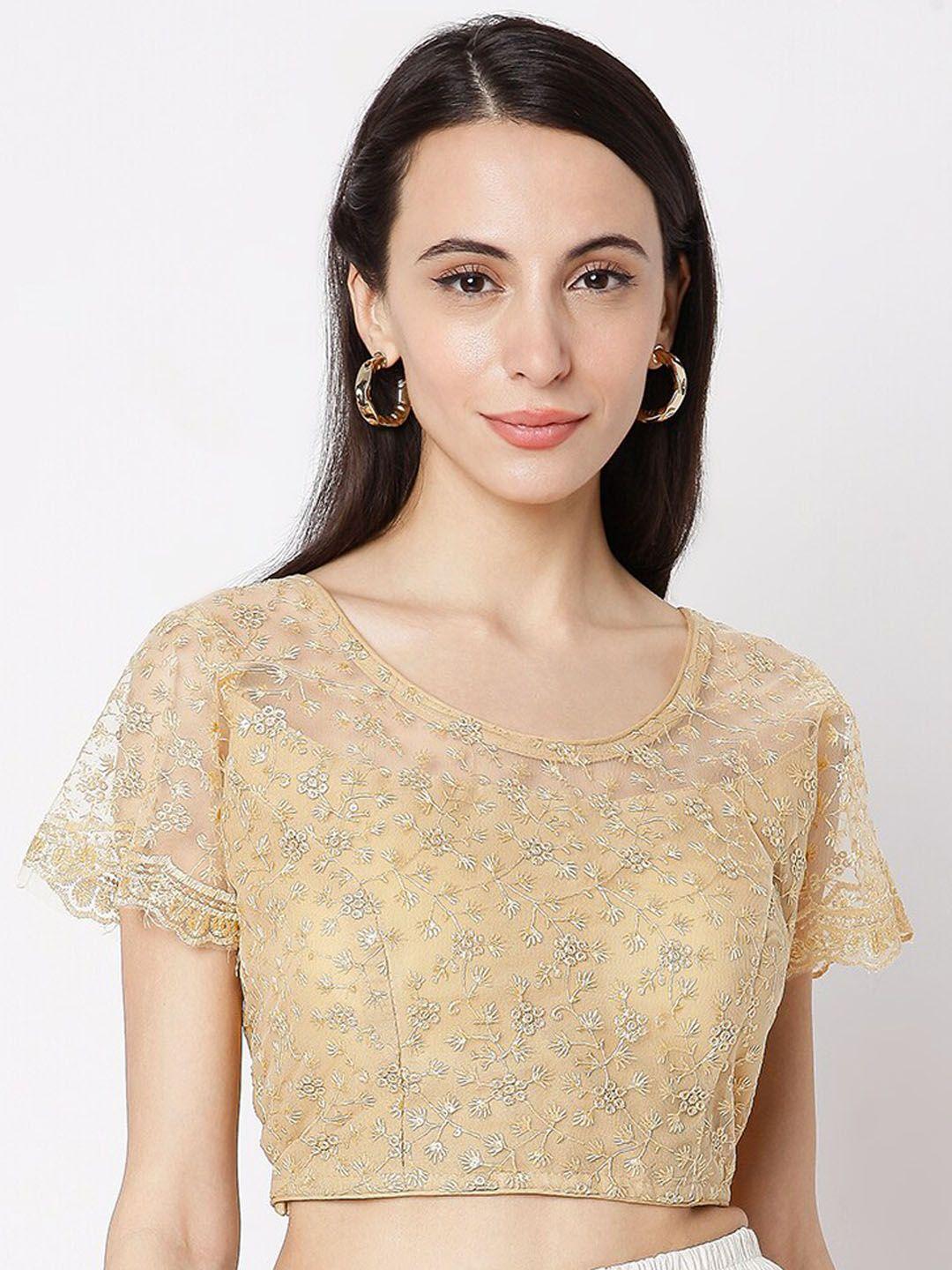 salwar studio women gold-coloured embroidered cotton saree blouse