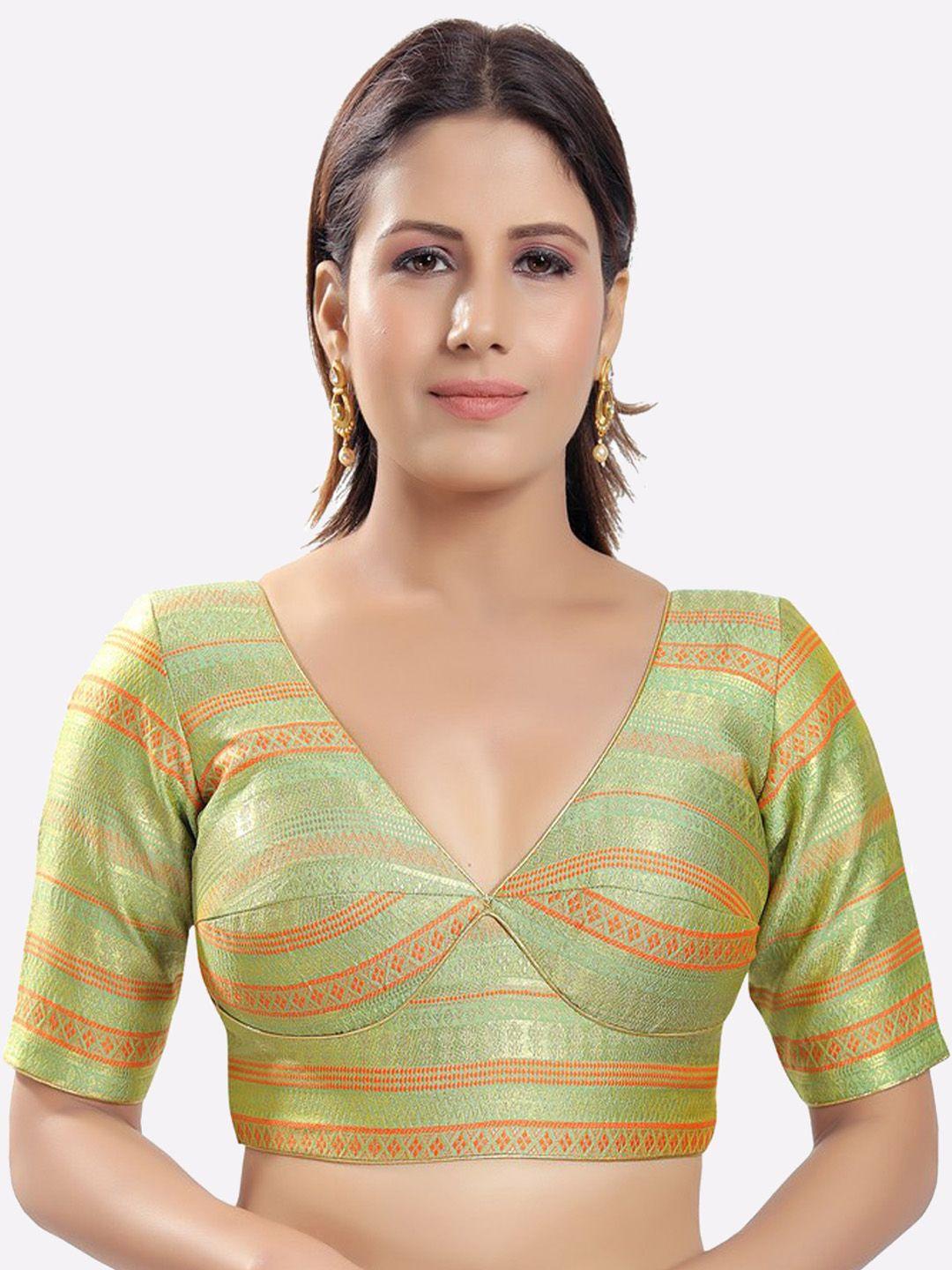 salwar studio women green & mustard yellow printed readymade saree blouse