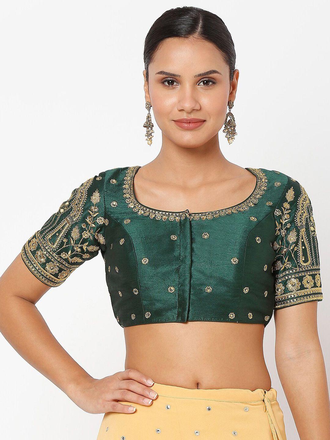 salwar studio women green embroidered padded saree blouse