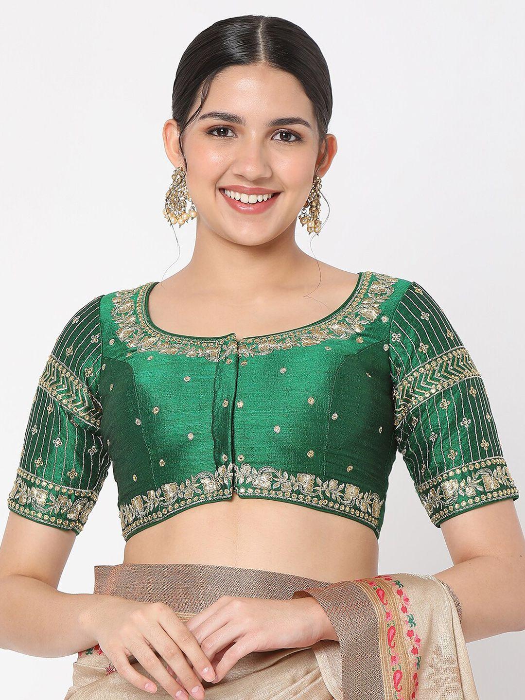 salwar studio women green embroidered readymade saree blouse