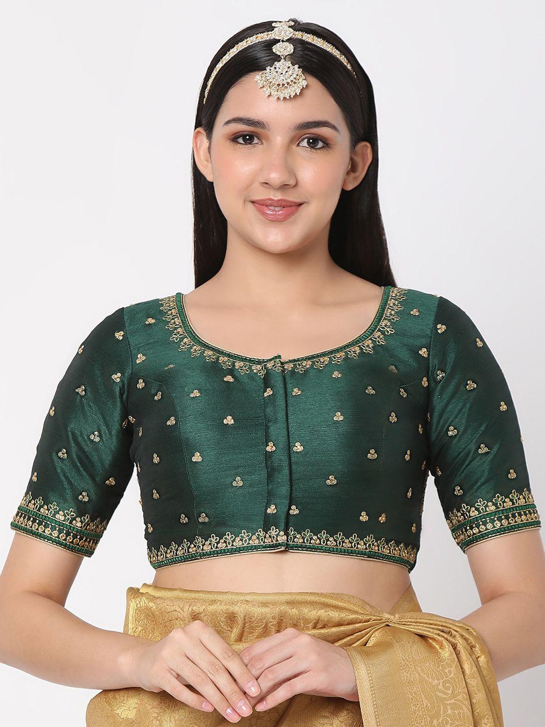 salwar studio women green embroidered readymade saree blouse