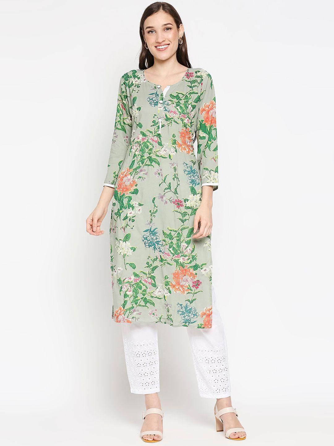 salwar studio women green floral printed pure cotton kurta with trousers